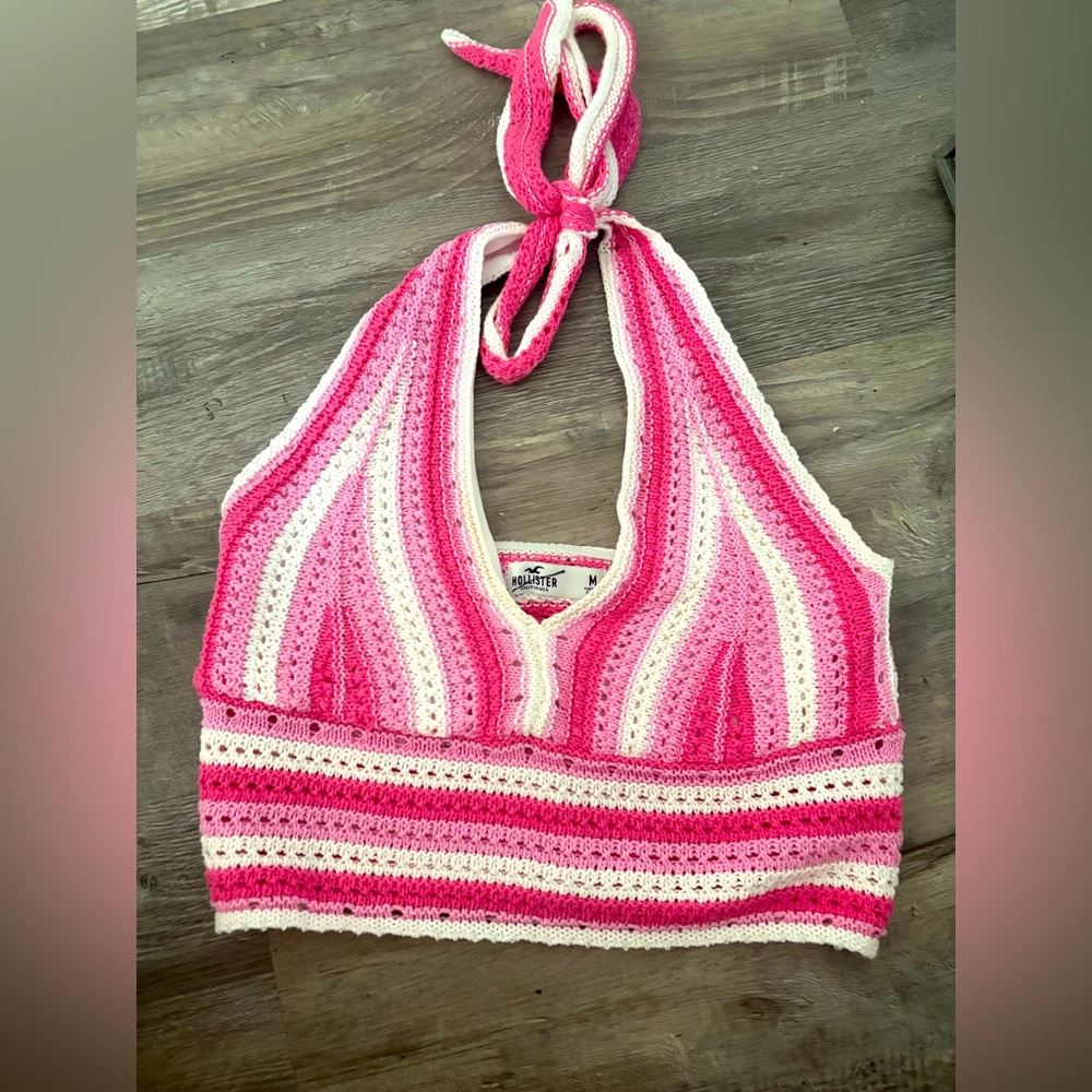 Hollister Pink and White Striped Crochet Tank Top
